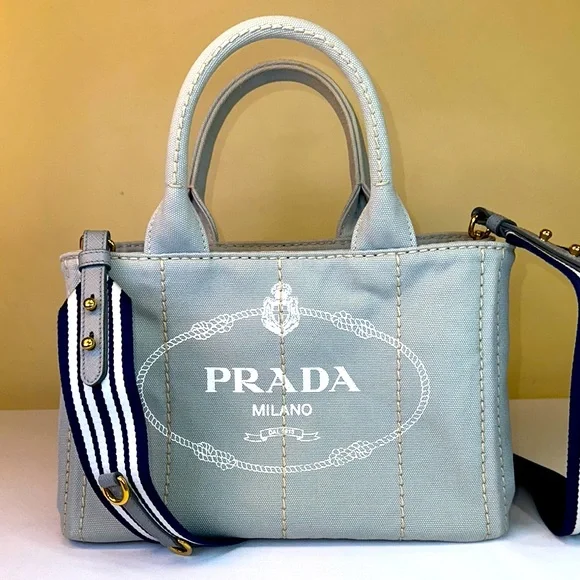 Prada Canapa RARE Slate Gray/Blue Small Tote Original Strap w/ COA - Picture 1 of 15